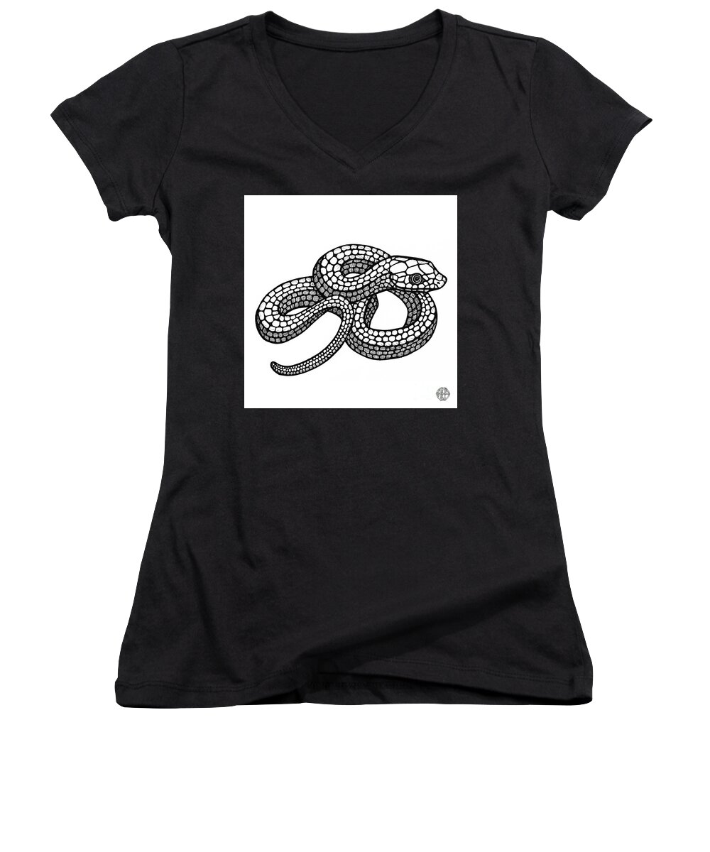 Snake Women's V-Neck featuring the drawing Smooth Green Snake by Amy E Fraser