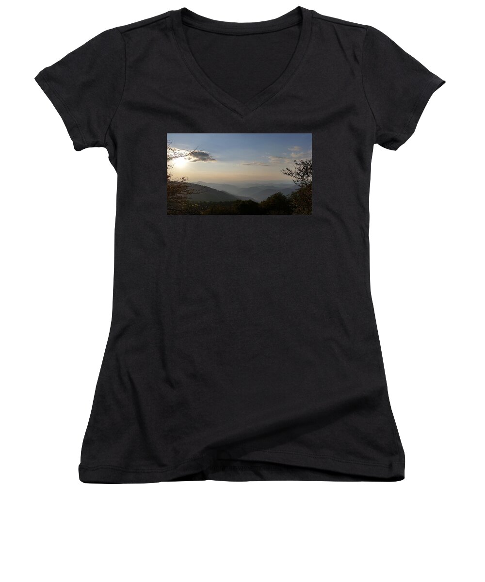 Blue Ridge Women's V-Neck featuring the photograph Sun setting on Blue Ridge Mountain Overlook by Stacie Siemsen