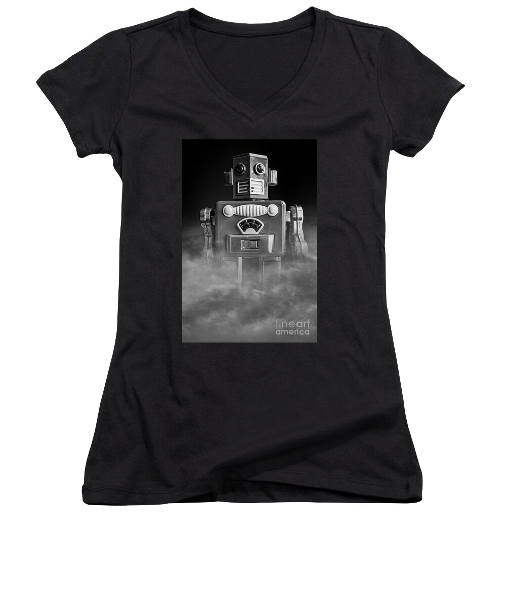Robots Women's V-Neck featuring the photograph Take Me To Your Leader Vintage Tin Toy Robot Black and white by Edward Fielding