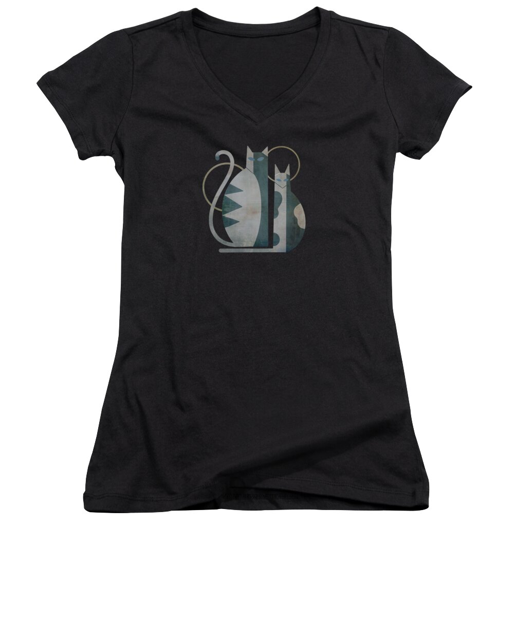 Painting Women's V-Neck featuring the painting The Mysterious Minds Of Modern Cats by Little Bunny Sunshine