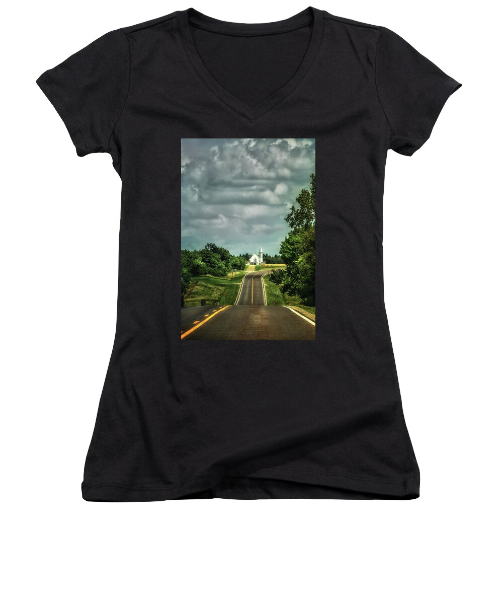 Church; Nebraska Women's V-Neck featuring the photograph The Straight and Narrow Way by Jolynn Reed