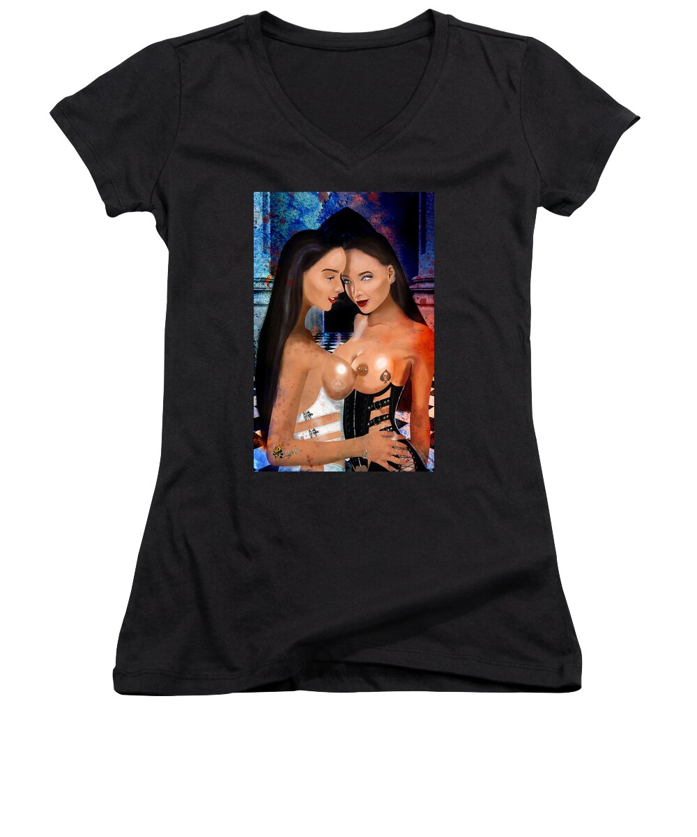 Alice Women's V-Neck featuring the digital art The Tweedle Twins by Doug Schramm