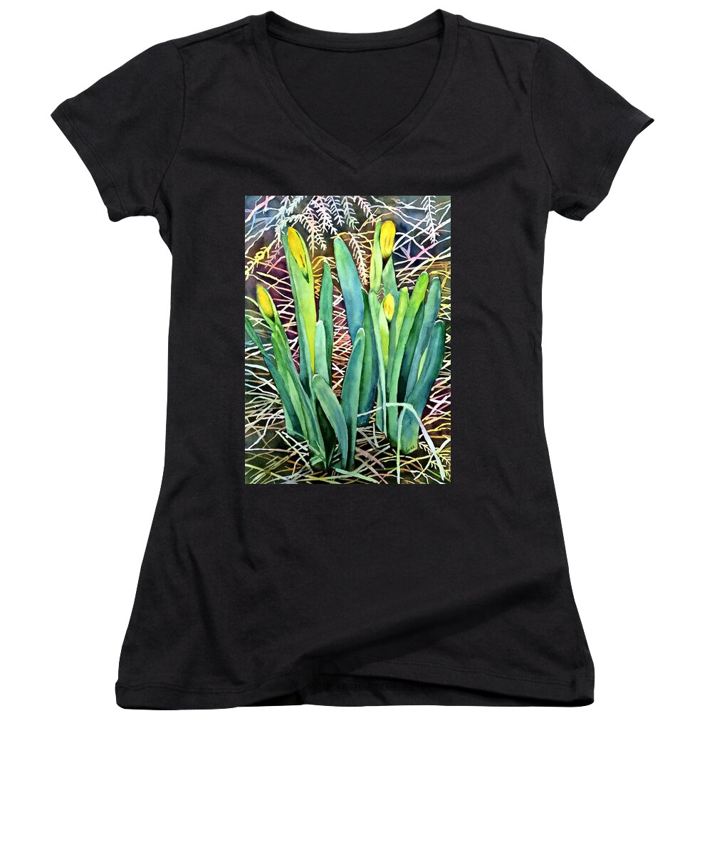 Daffodils Women's V-Neck featuring the painting Time to Bloom by Beth Fontenot