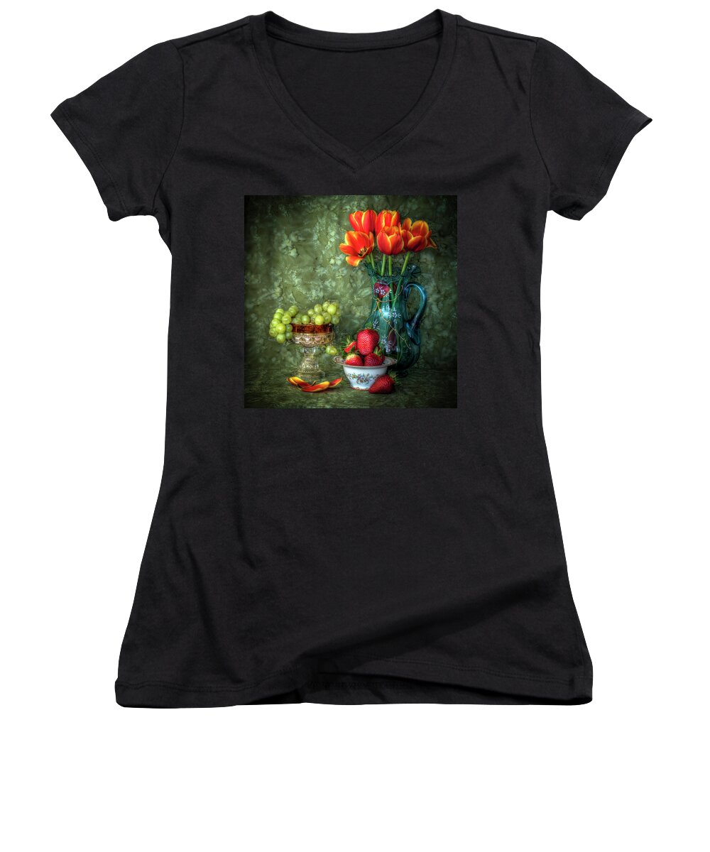 Square Women's V-Neck featuring the photograph Tulips and Fruit by Harriet Feagin