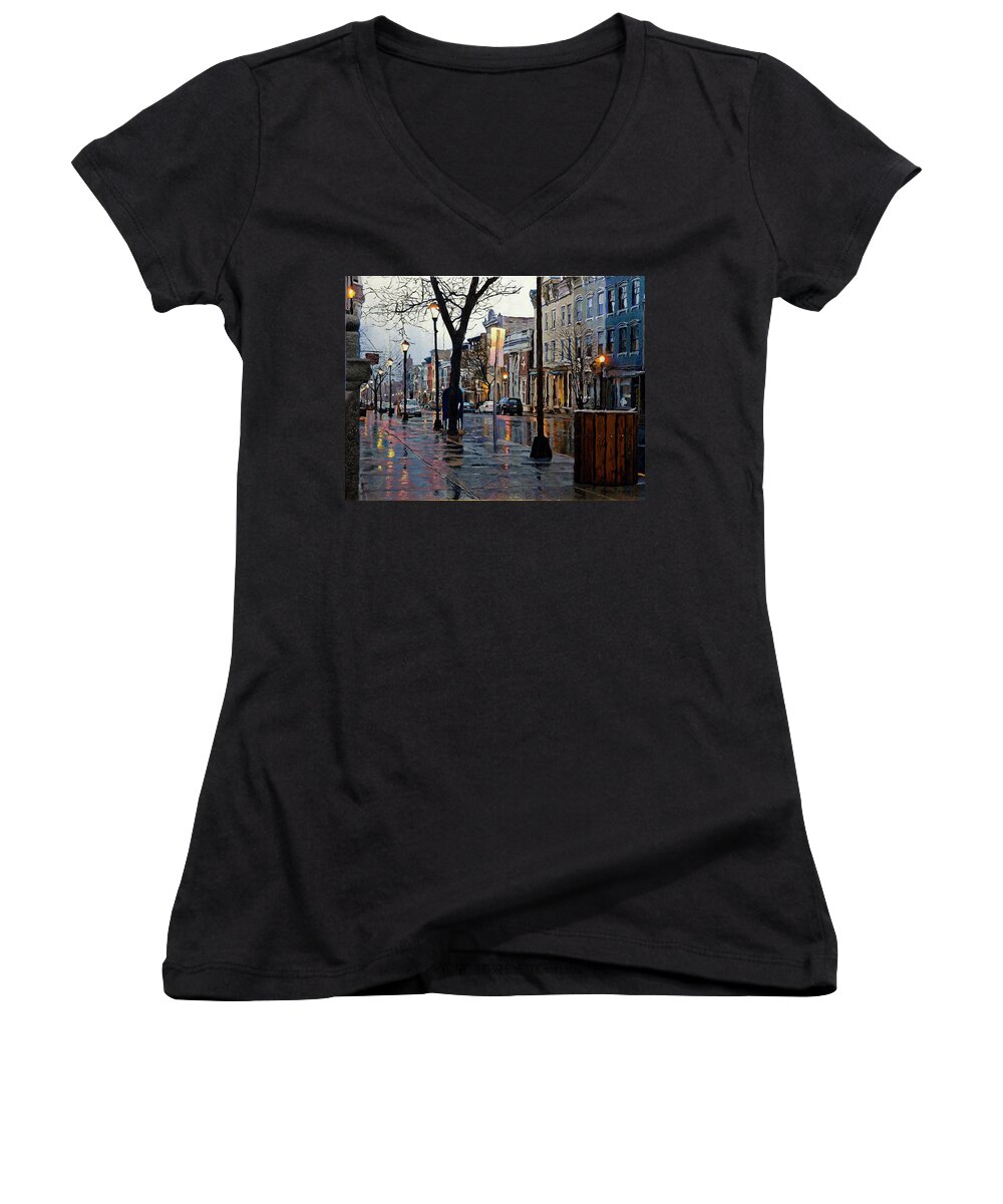 Hudson Women's V-Neck featuring the painting Warren Street Looking West by Kenneth Young