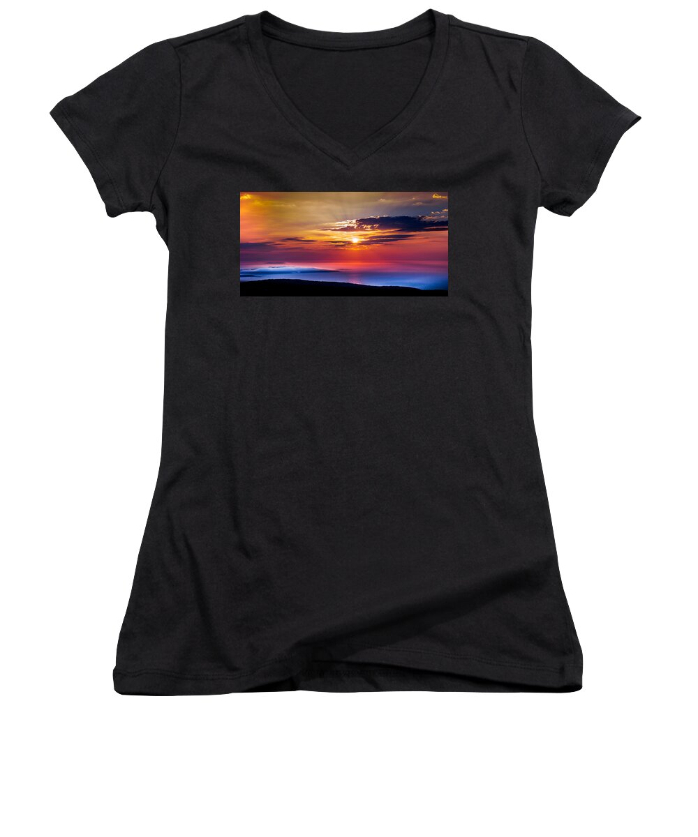 Cadillac Mountain Sunrise Women's V-Neck featuring the photograph When The Ocean Drinks The Sky by Karen Wiles