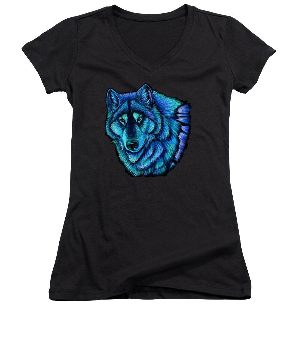 Wolf Women's V-Neck featuring the pastel Wolf Aurora by Rebecca Wang