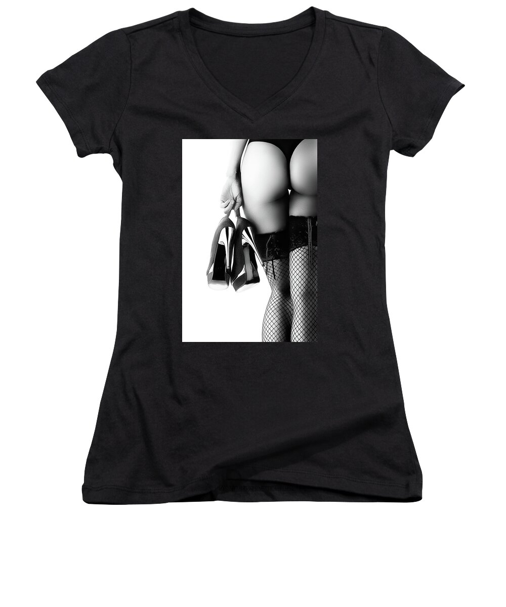 Woman Women's V-Neck featuring the photograph Woman in lingerie rear view by Johan Swanepoel