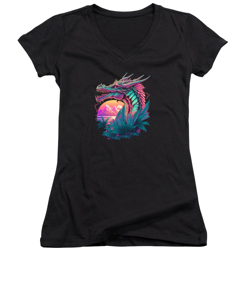 Dragon Women's V-Neck featuring the digital art Dragon Vaporwave Abstract Landscape Moon Tree Waterfall #1 by Toms Tee Store