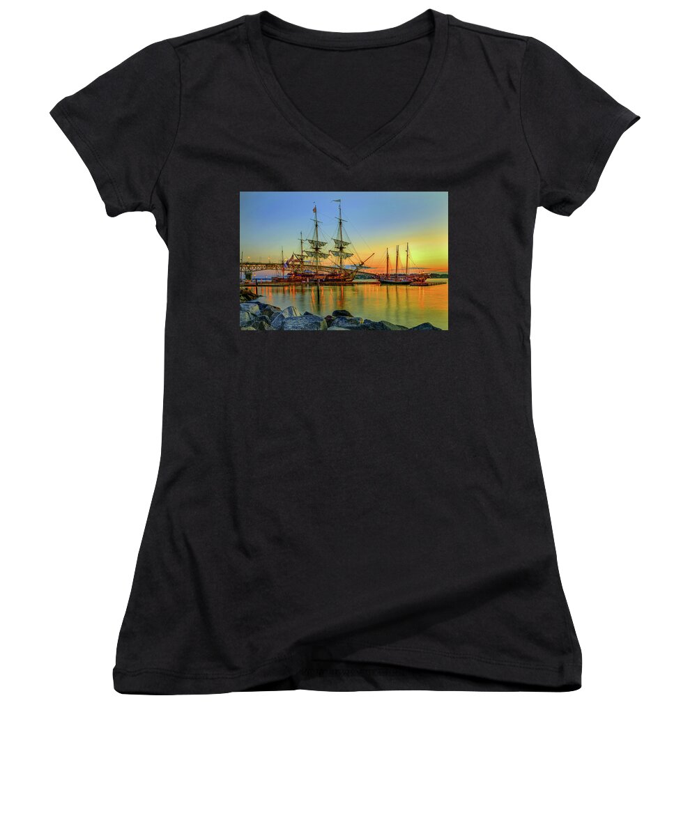 Hermione Women's V-Neck featuring the photograph Lafayette's Hermione Voyage 2015 #1 by Jerry Gammon