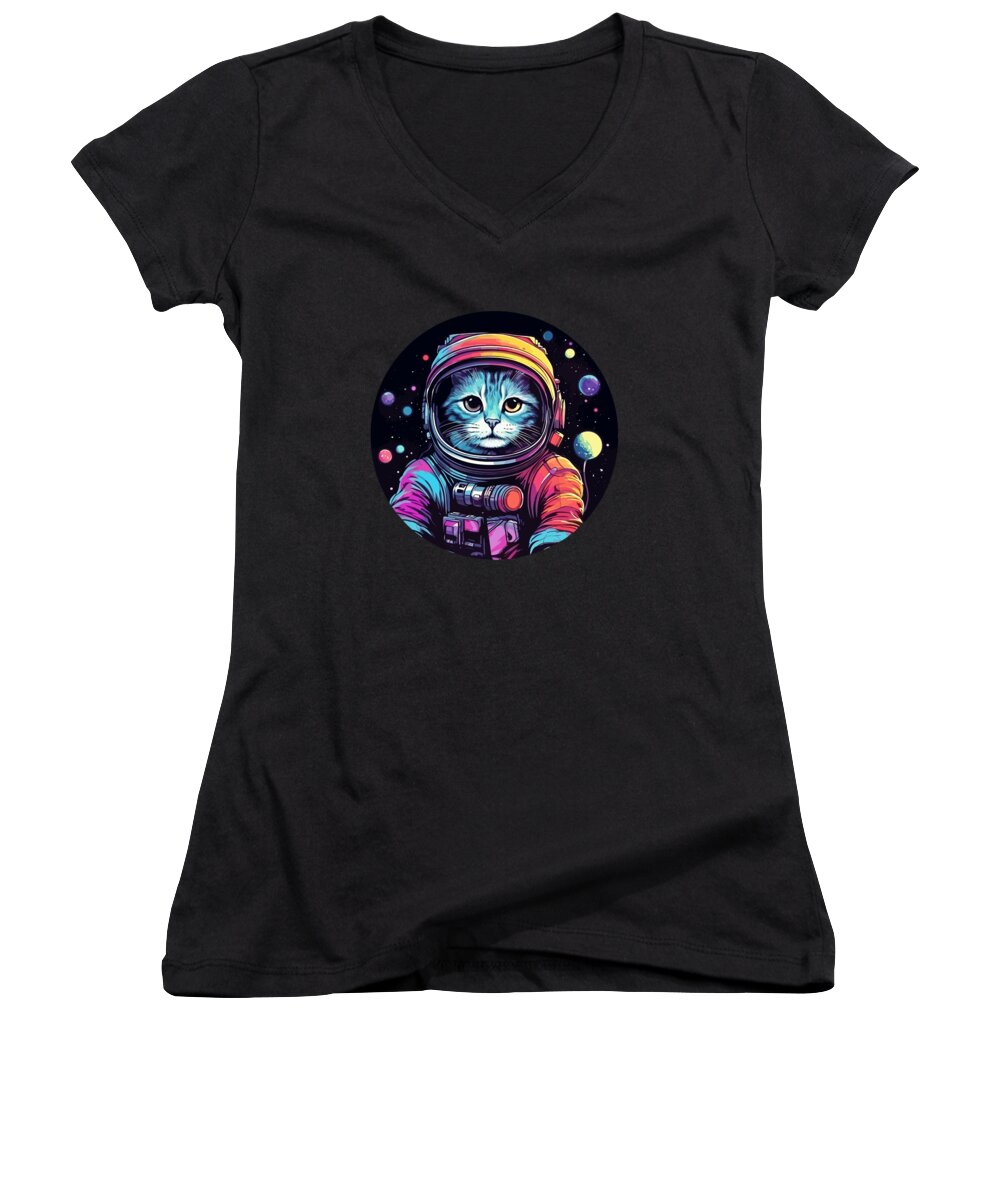 Astronaut Space Cat Women's V-Neck featuring the digital art The Adventures of Space Paws #1 by Manuel Schmucker
