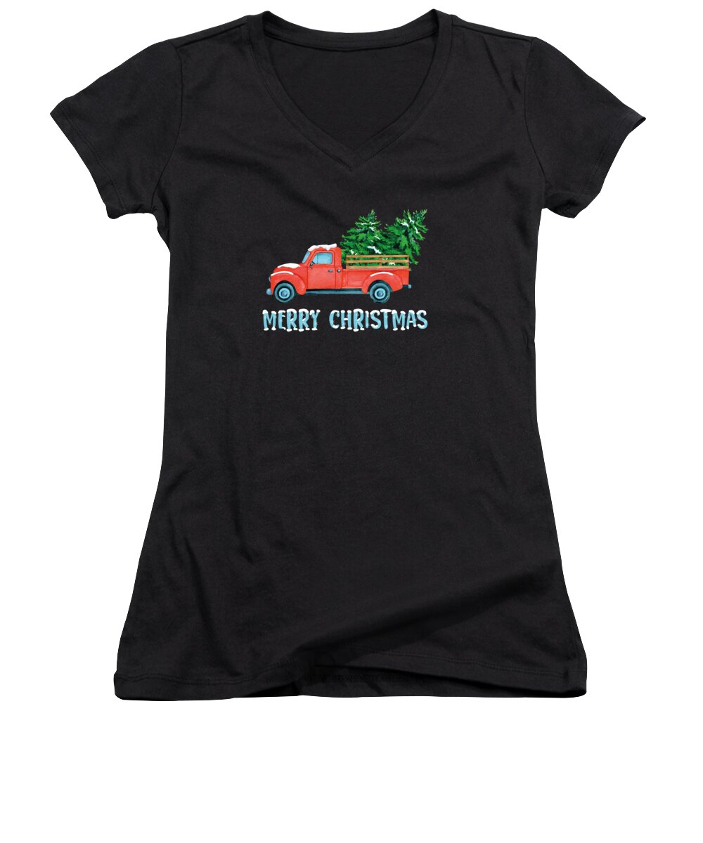 Red Christmas Wagon Women's V-Neck featuring the digital art Vintage Wagon Christmas Pickup Truck Retro #10 by Toms Tee Store