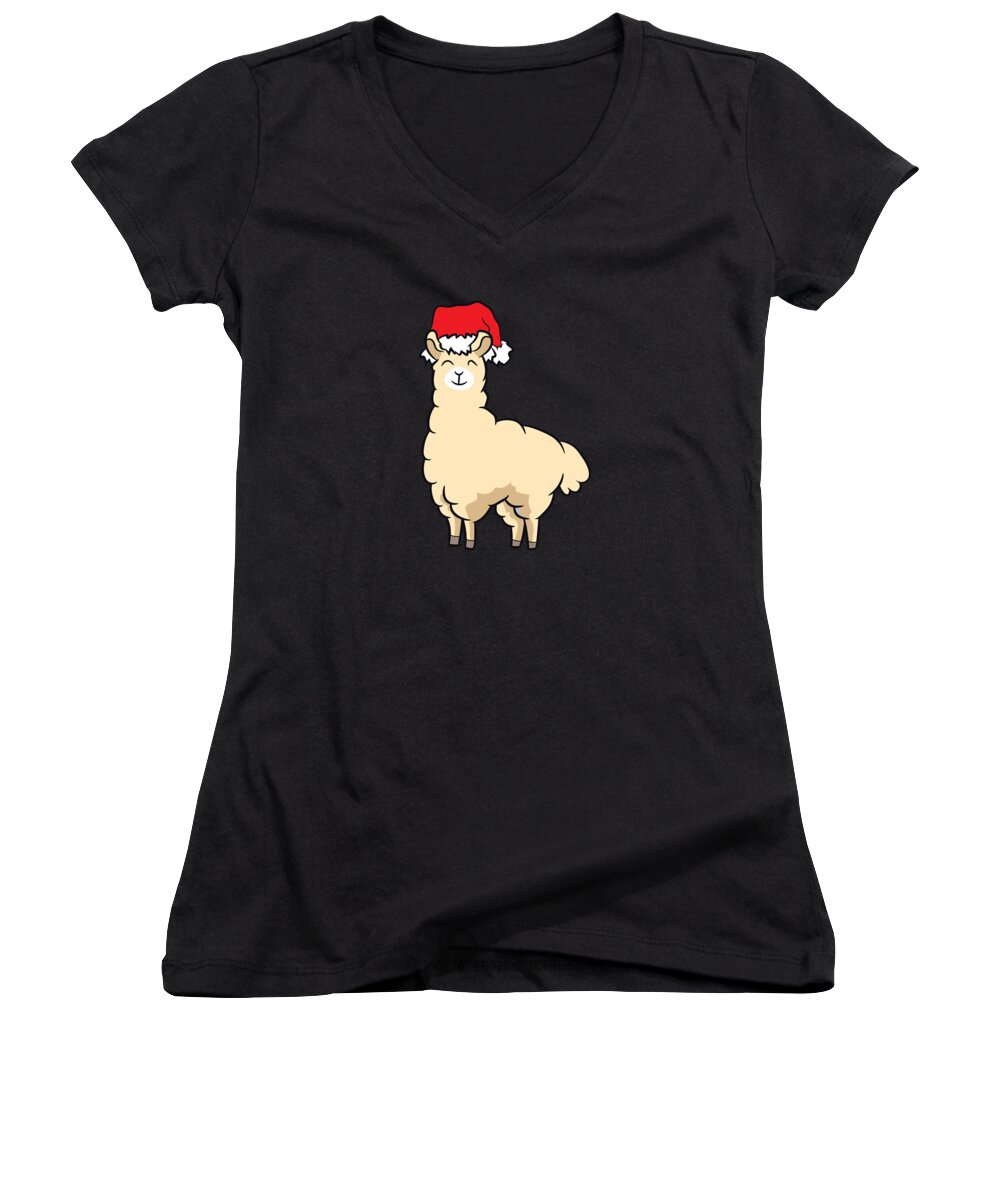 Christmas Women's V-Neck featuring the digital art Funny Llama With Santa Hat Cute Christmas Hat Llama #2 by EQ Designs