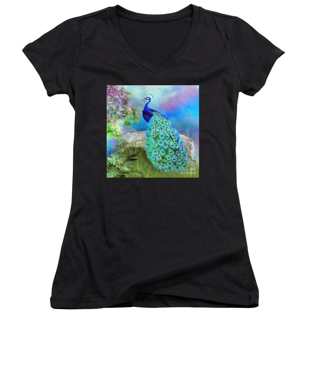 Peacock Women's V-Neck featuring the digital art Proud Peacock #2 by Morag Bates