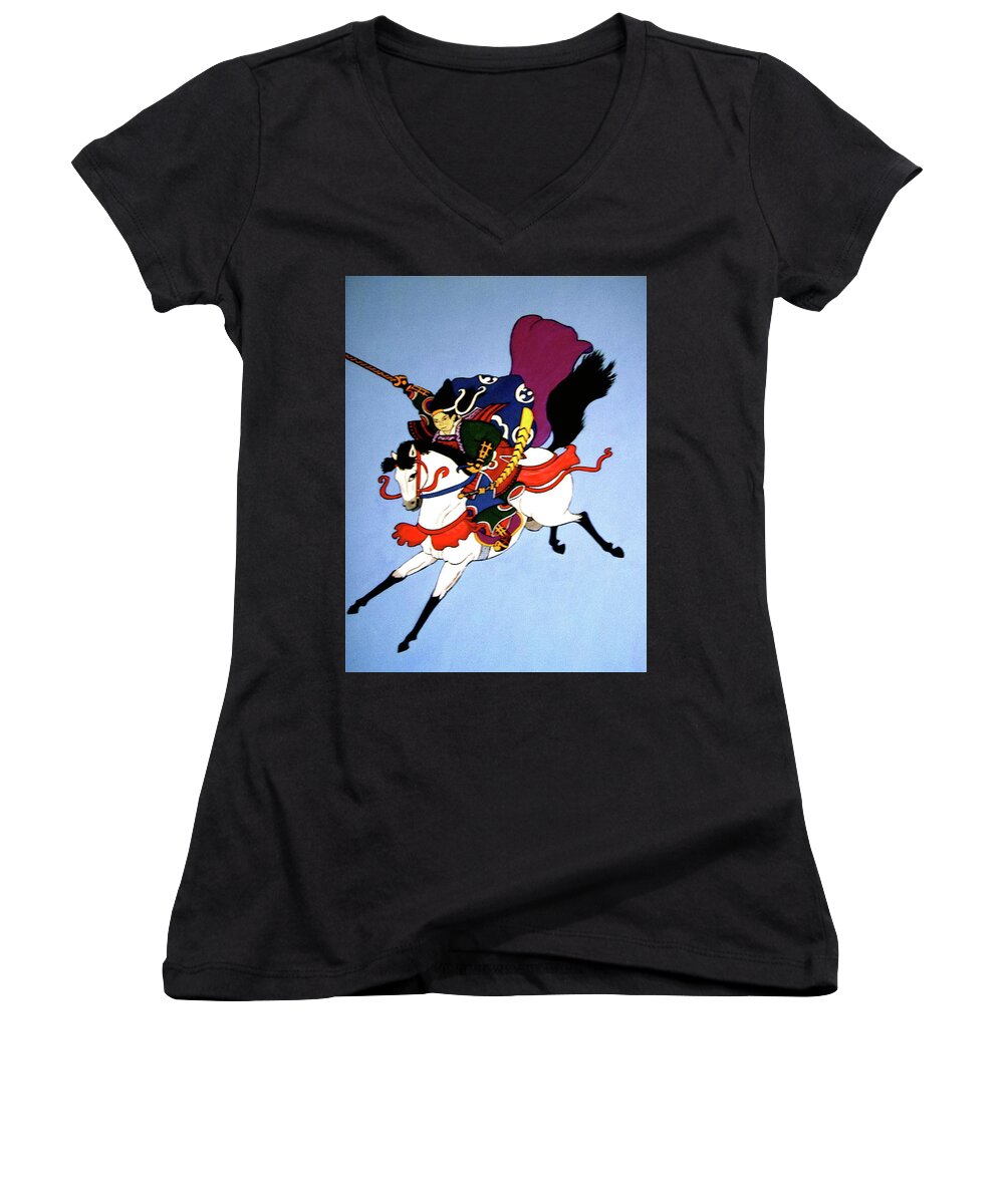 Warrior Women's V-Neck featuring the painting Samurai Warrior #2 by Stephanie Moore