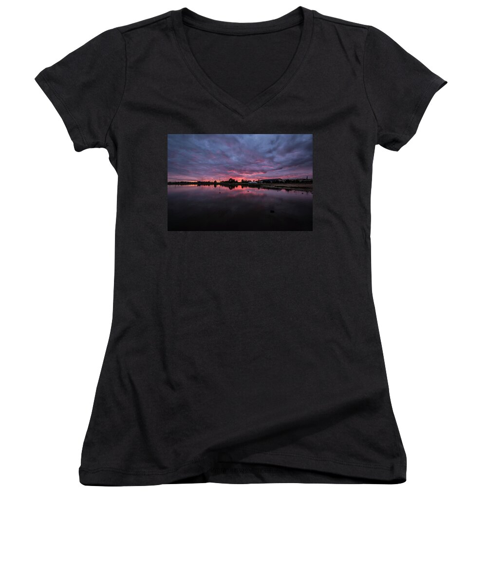Sunset Women's V-Neck featuring the photograph Sunset by the lake #2 by Jaroslaw Grudzinski
