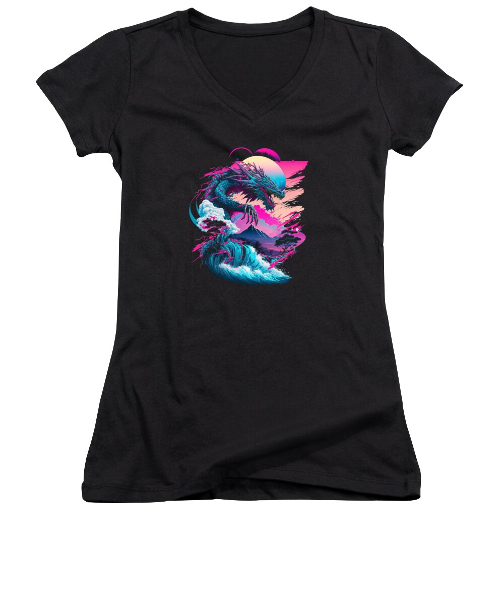 Dragon Women's V-Neck featuring the digital art Dragon Vaporwave Abstract Landscape Moon Tree Waterfall #3 by Toms Tee Store