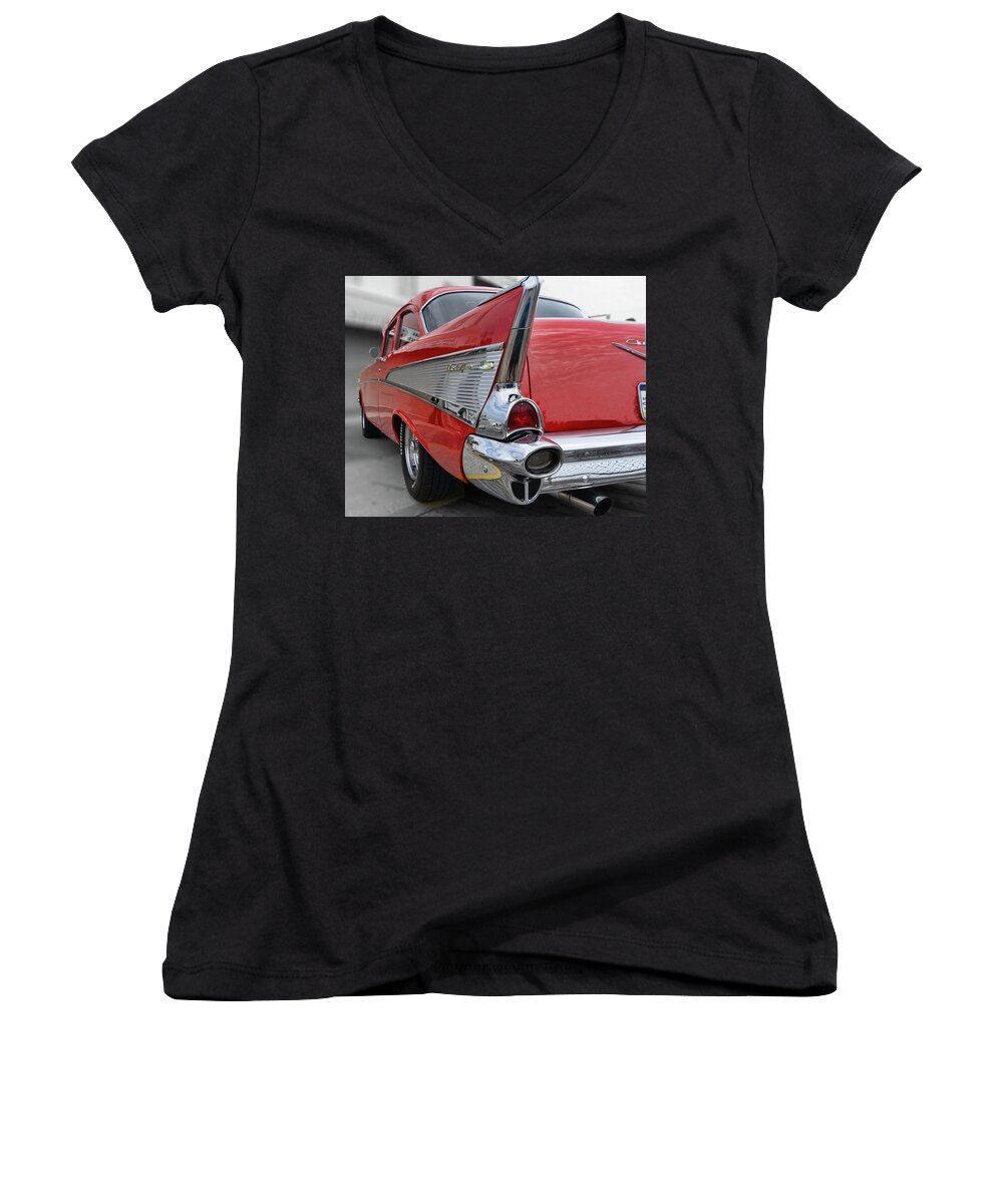Car Women's V-Neck featuring the photograph '57 Chevy Bel Air taillights #57 by Daniel Adams