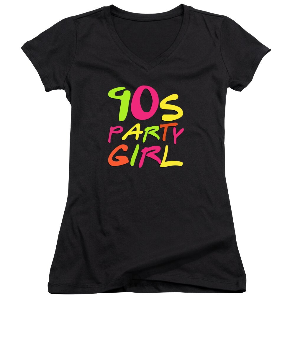 Retro Women's V-Neck featuring the digital art 90s Party Girl by Flippin Sweet Gear