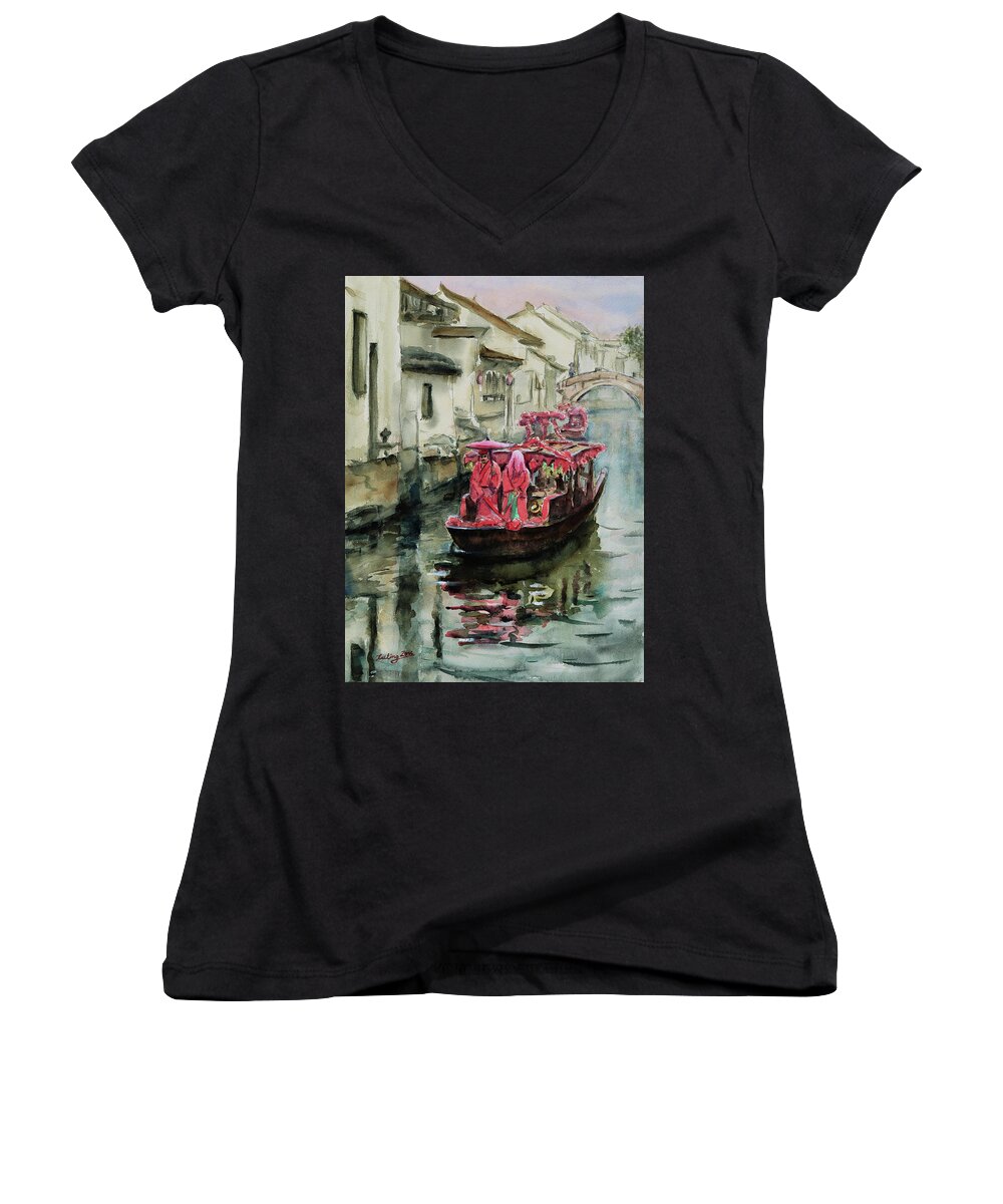 Village Women's V-Neck featuring the painting A Traditional Village Boat Wedding on the Ancient Canal in South China by Xueling Zou