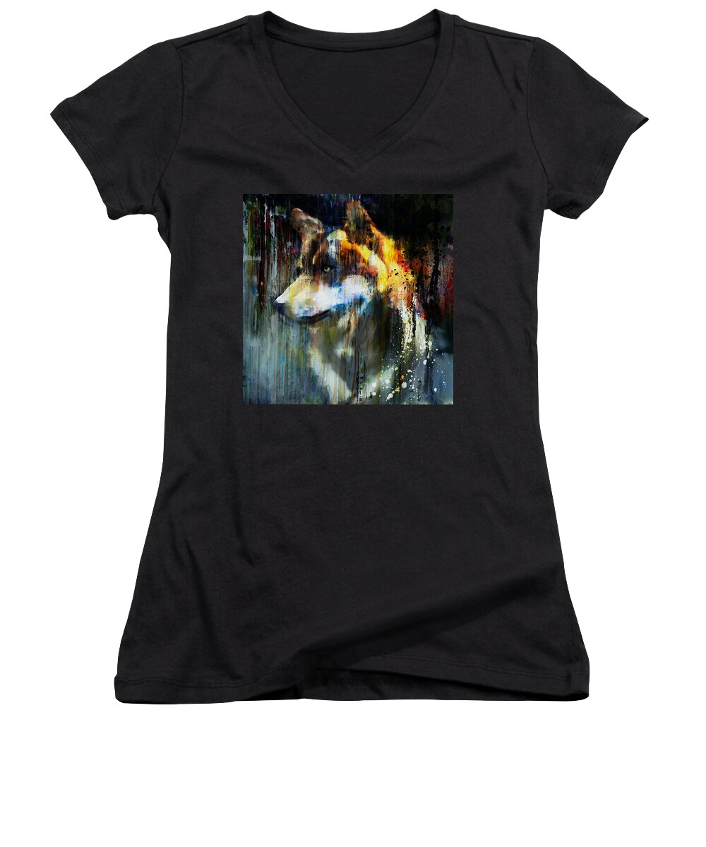 Marian Voicu Women's V-Neck featuring the painting Abstract Wolf Portrait by Marian Voicu