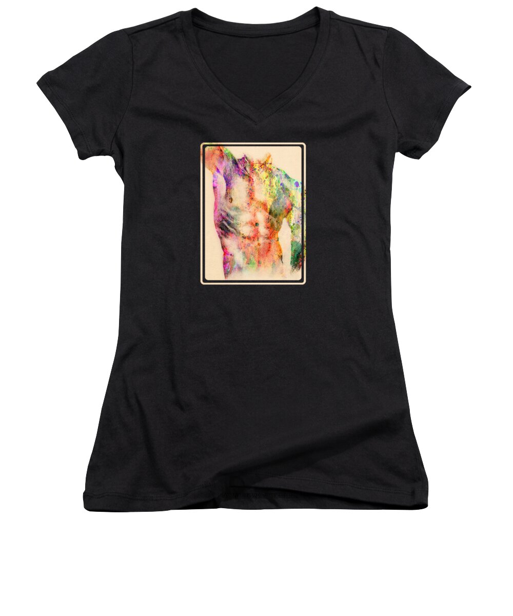 Male Nude Art Women's V-Neck featuring the digital art Abstractiv Body by Mark Ashkenazi