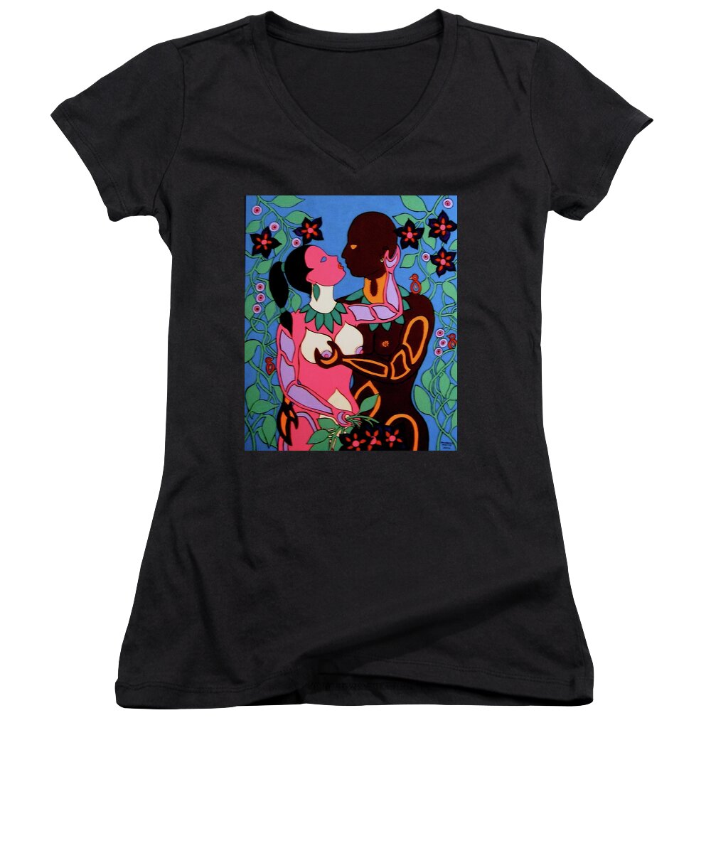 Man Women's V-Neck featuring the painting Adam and Eve by Stephanie Moore