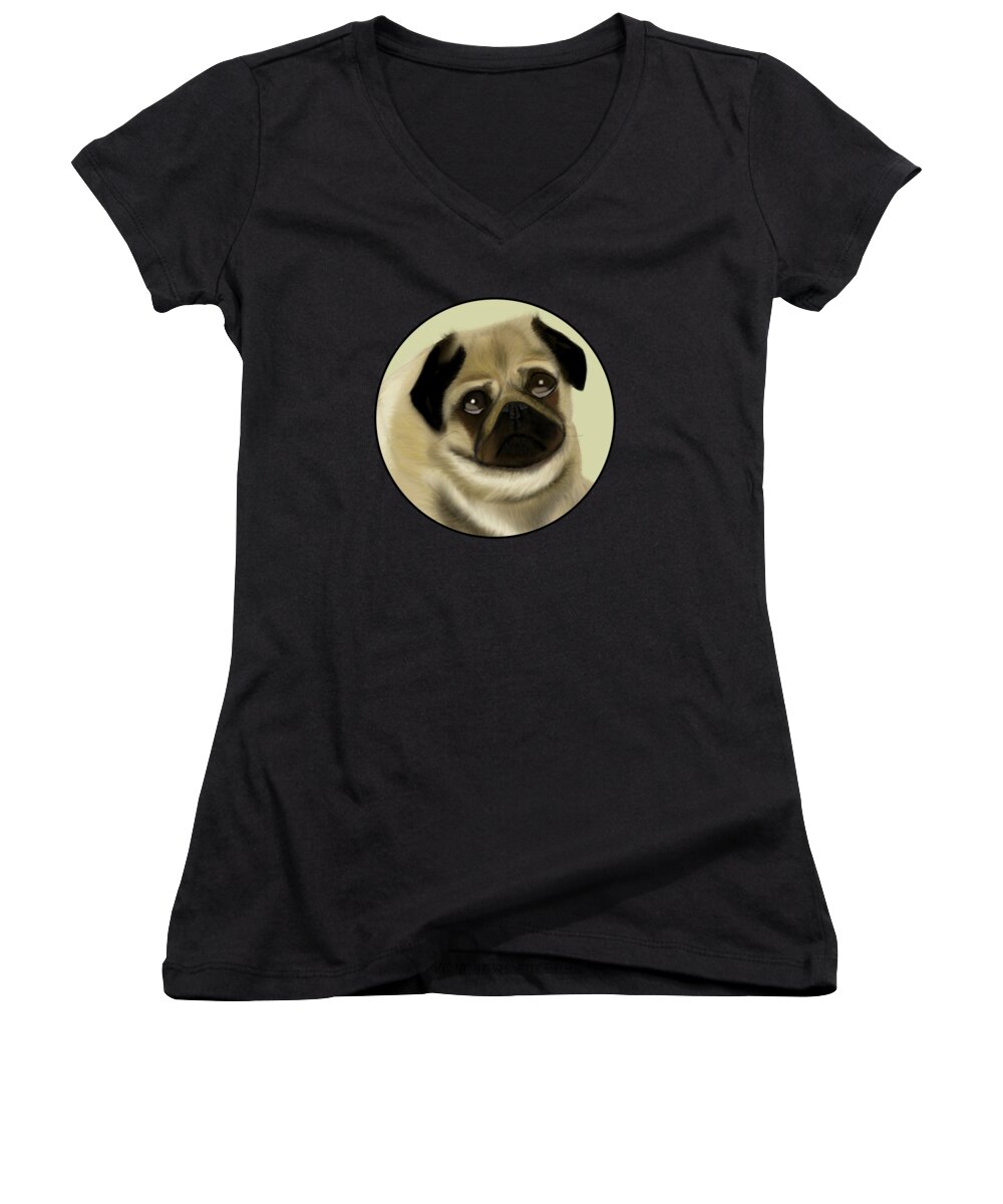  Women's V-Neck featuring the painting Doug the Pug by Barefoot Bodeez Art