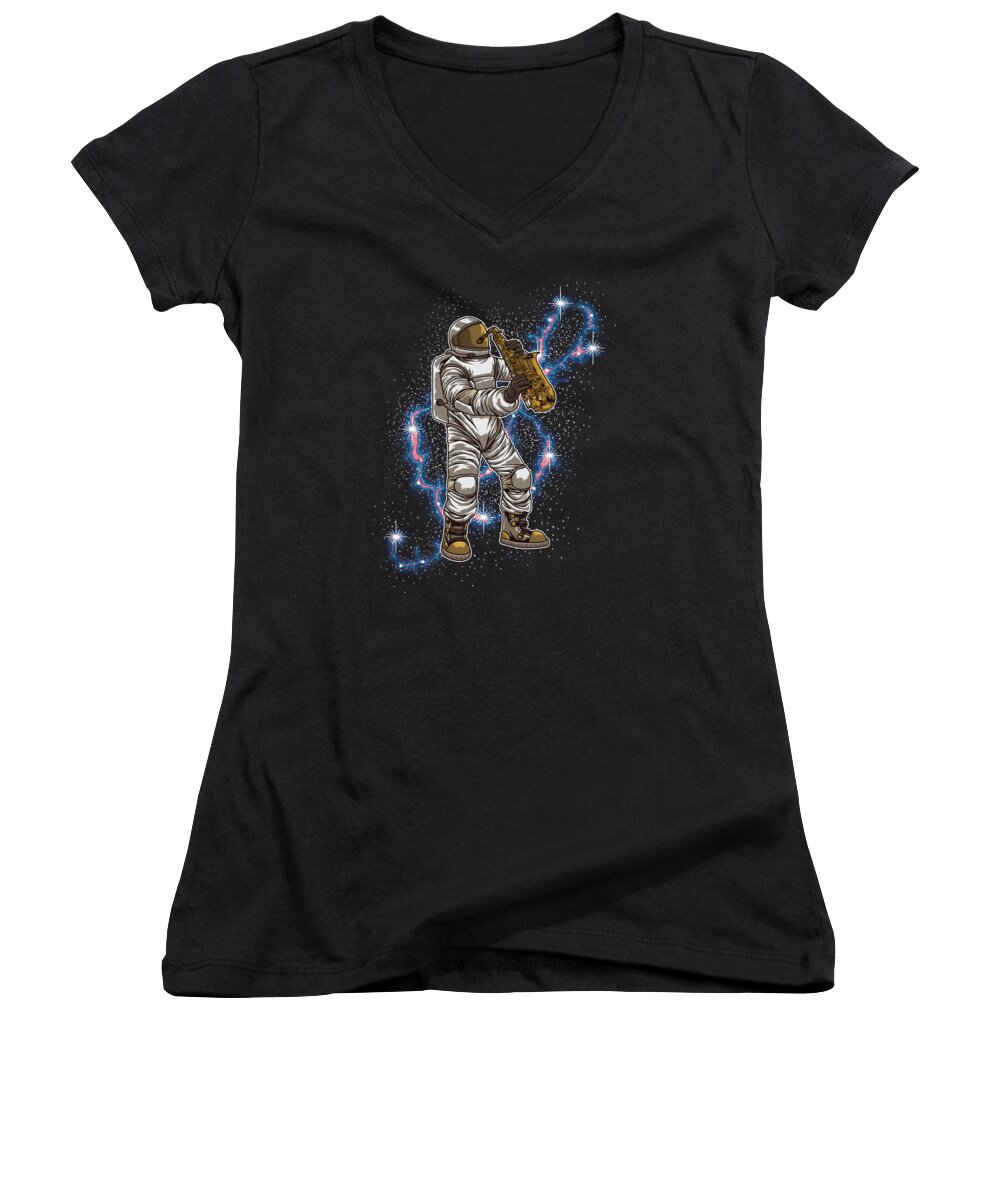 Spaceman Women's V-Neck featuring the digital art Astronaut Plays Saxophone Galactic Musician by Mister Tee