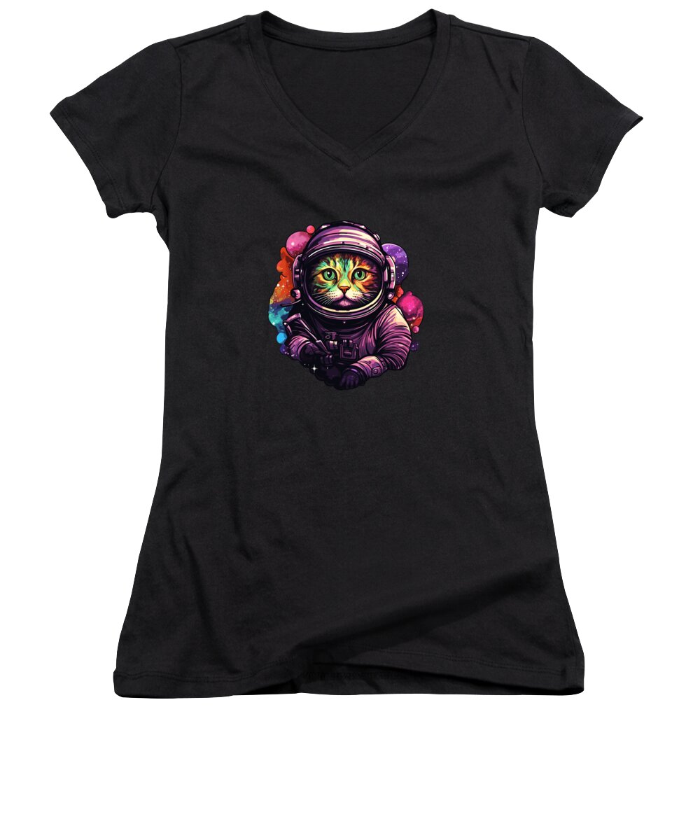Astronaut Space Cat Women's V-Neck featuring the digital art Astronautic Whiskers by Manuel Schmucker