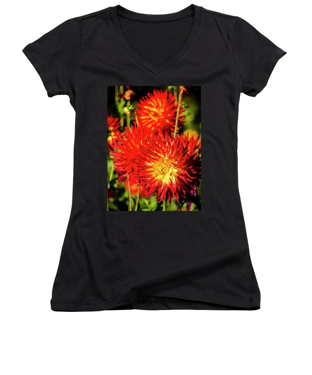 Red Women's V-Neck featuring the photograph Beautiful Red and Yellow Dahlia's by Rob Green