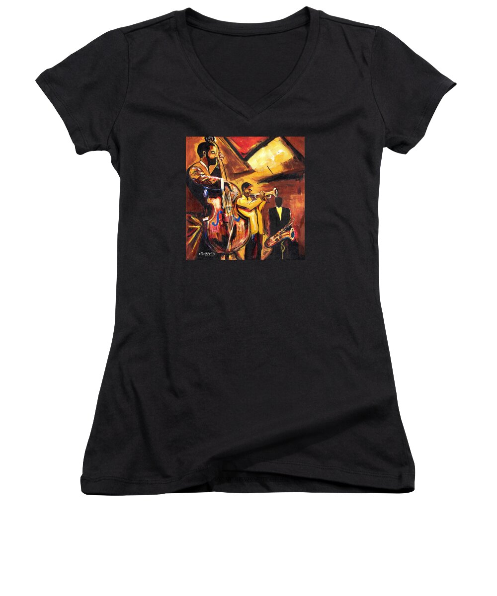 Everett Spruill Women's V-Neck featuring the painting Birth Of Cool by Everett Spruill