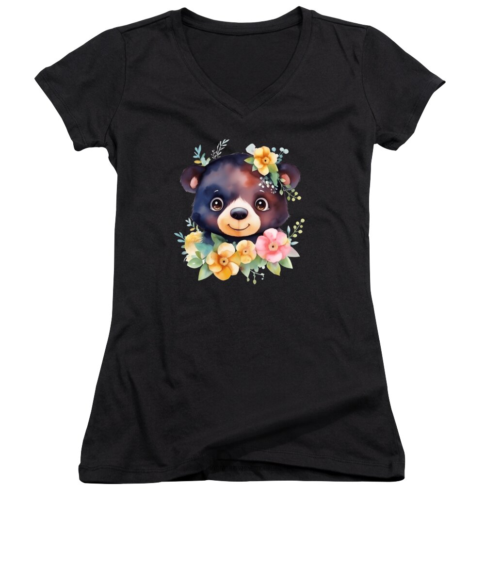 Black Women's V-Neck featuring the digital art Black and Brown Forest Bear Watercolor Floral by Heidi Joyce