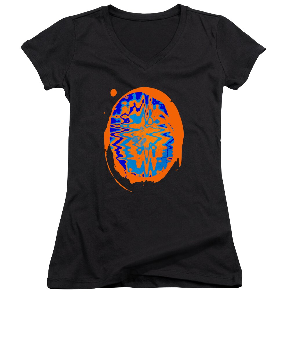 Modern Women's V-Neck featuring the mixed media Blue Orange Abstract Art by Christina Rollo