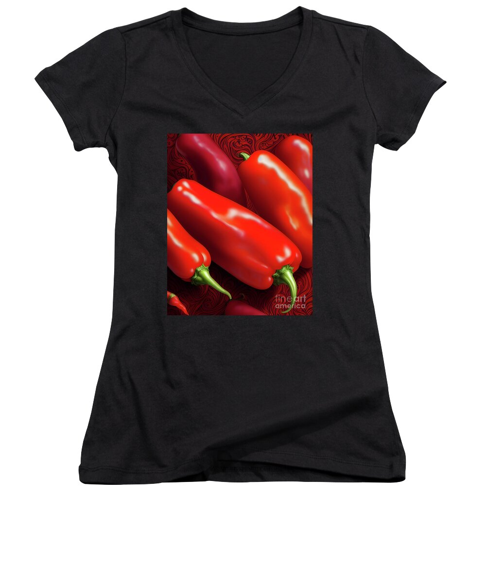 Art Prints Women's V-Neck featuring the digital art Bright Red Peppers by Mary Machare