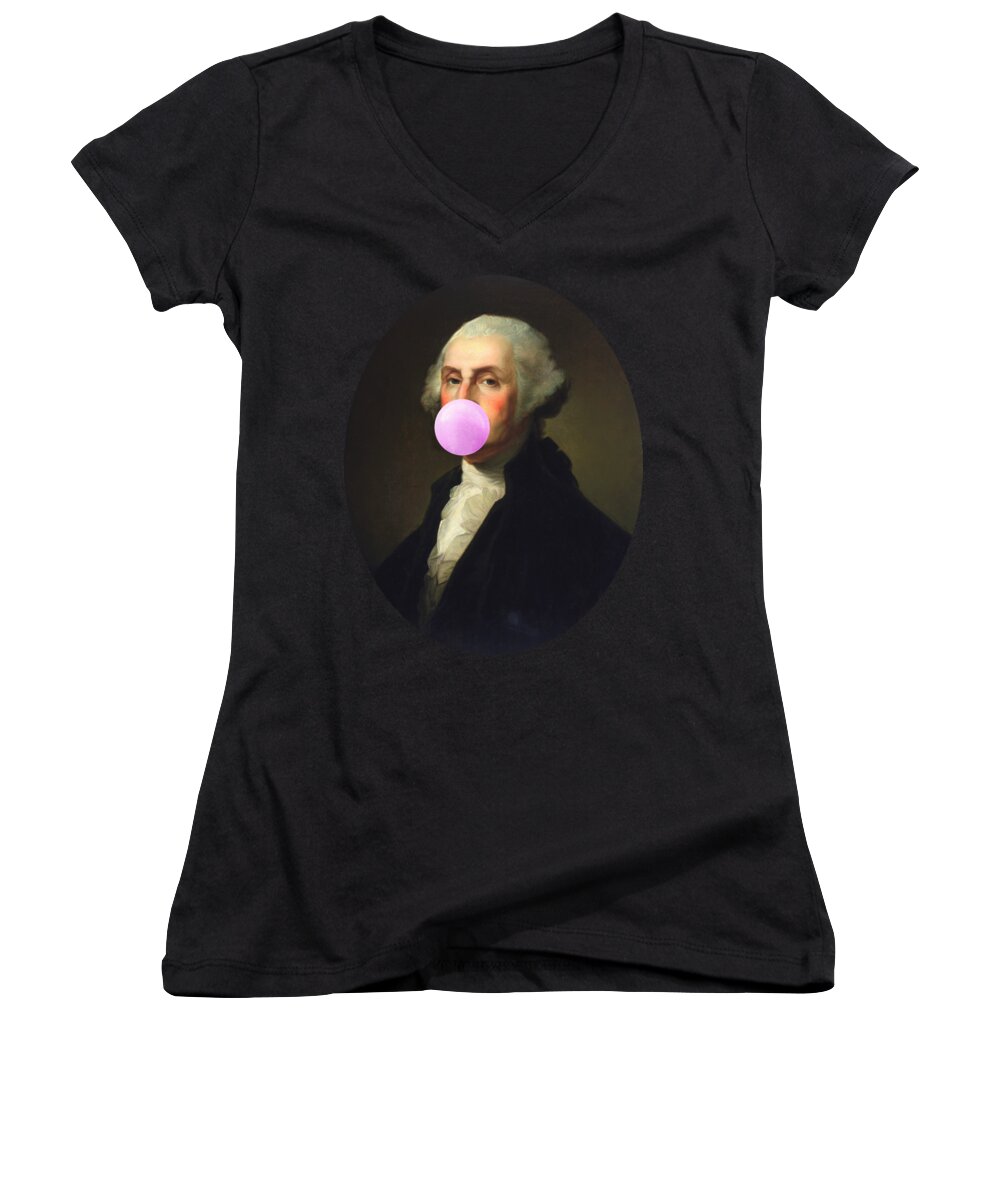 George Women's V-Neck featuring the painting Bubble gum George Washington by Delphimages Photo Creations