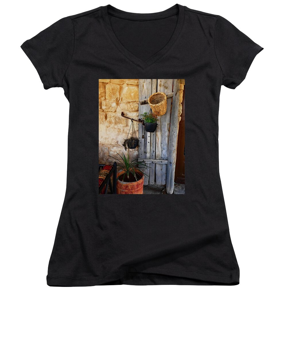 Woven Women's V-Neck featuring the photograph Basket on Rustic Door by Alan Socolik