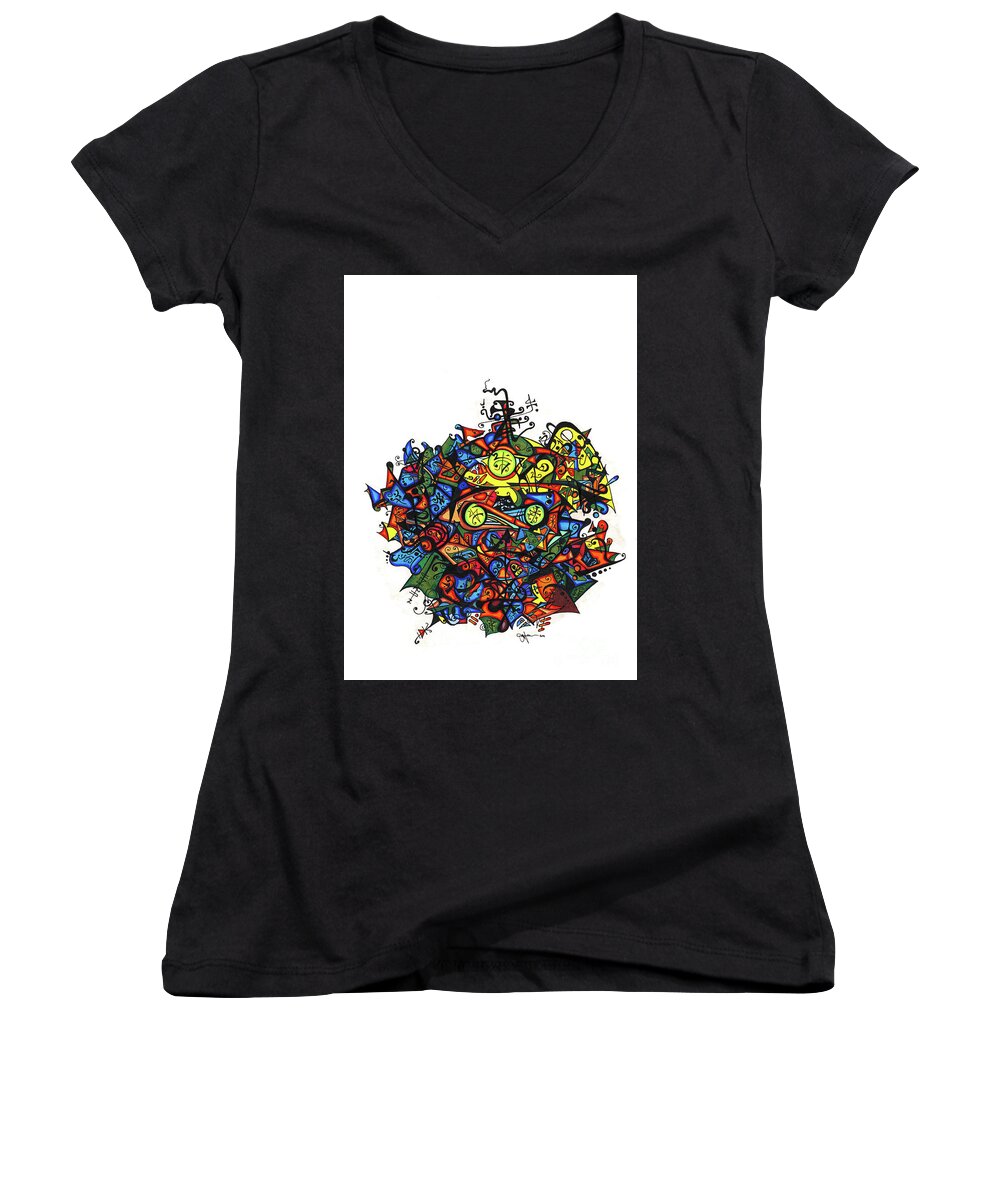 Unique Artwork Women's V-Neck featuring the drawing Buddha by Joey Gonzalez