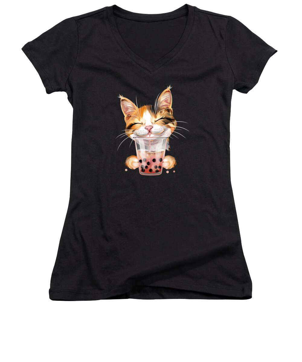 Cat Women's V-Neck featuring the digital art Cat Strawberry Cuteness by Lotus-Leafal