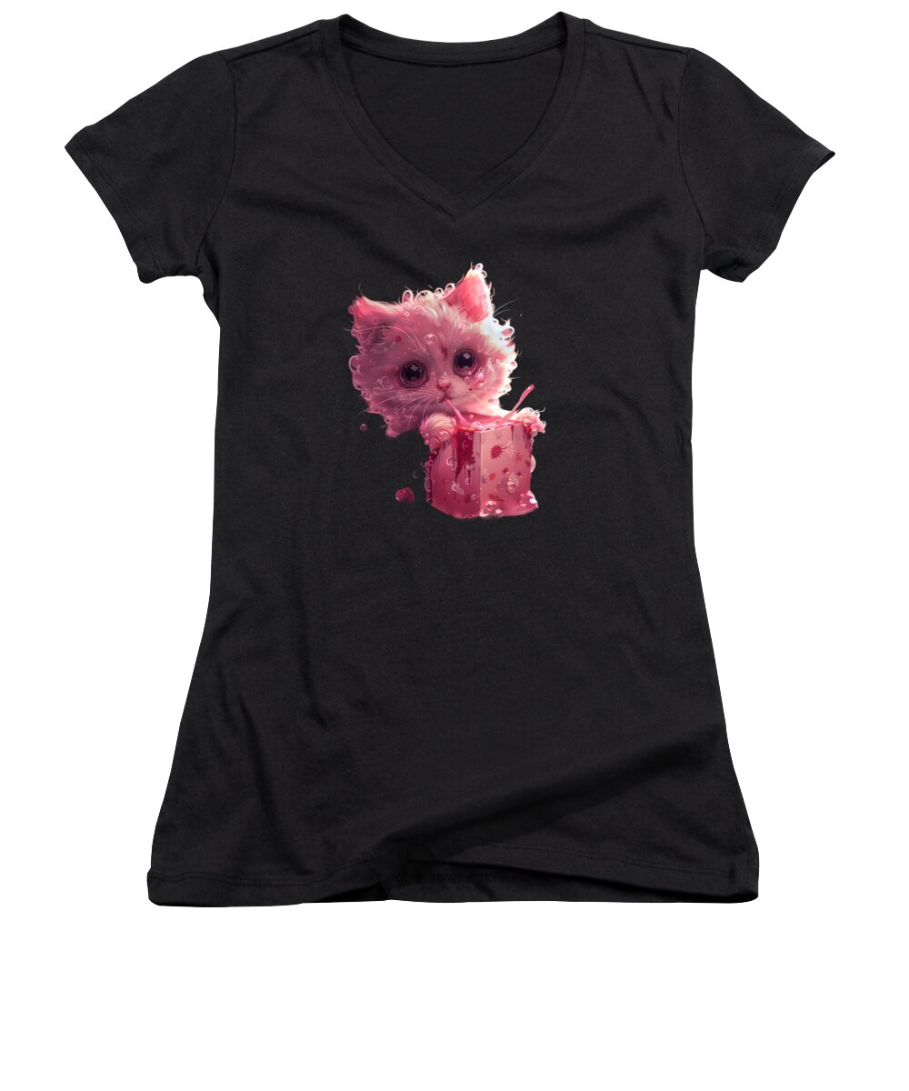 Cat Women's V-Neck featuring the digital art Cat Strawberry Style by Lotus-Leafal
