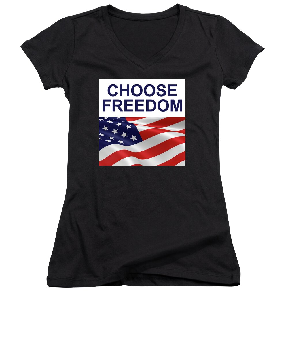 Choose Freedom Women's V-Neck featuring the photograph Choose Freedom USA Flag Waving by Robert Banach