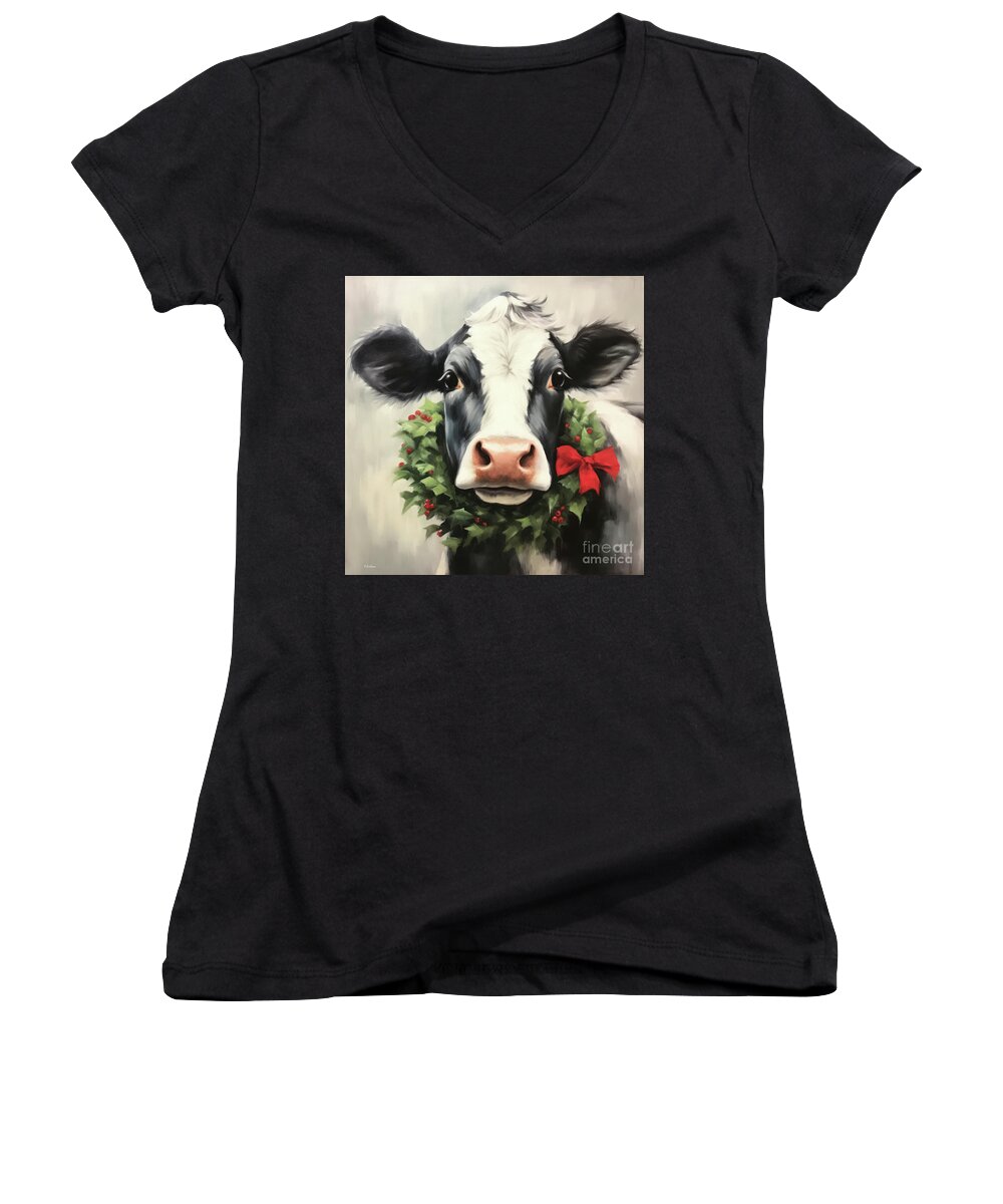 Cow Women's V-Neck featuring the painting Christmas Cow Camille by Tina LeCour