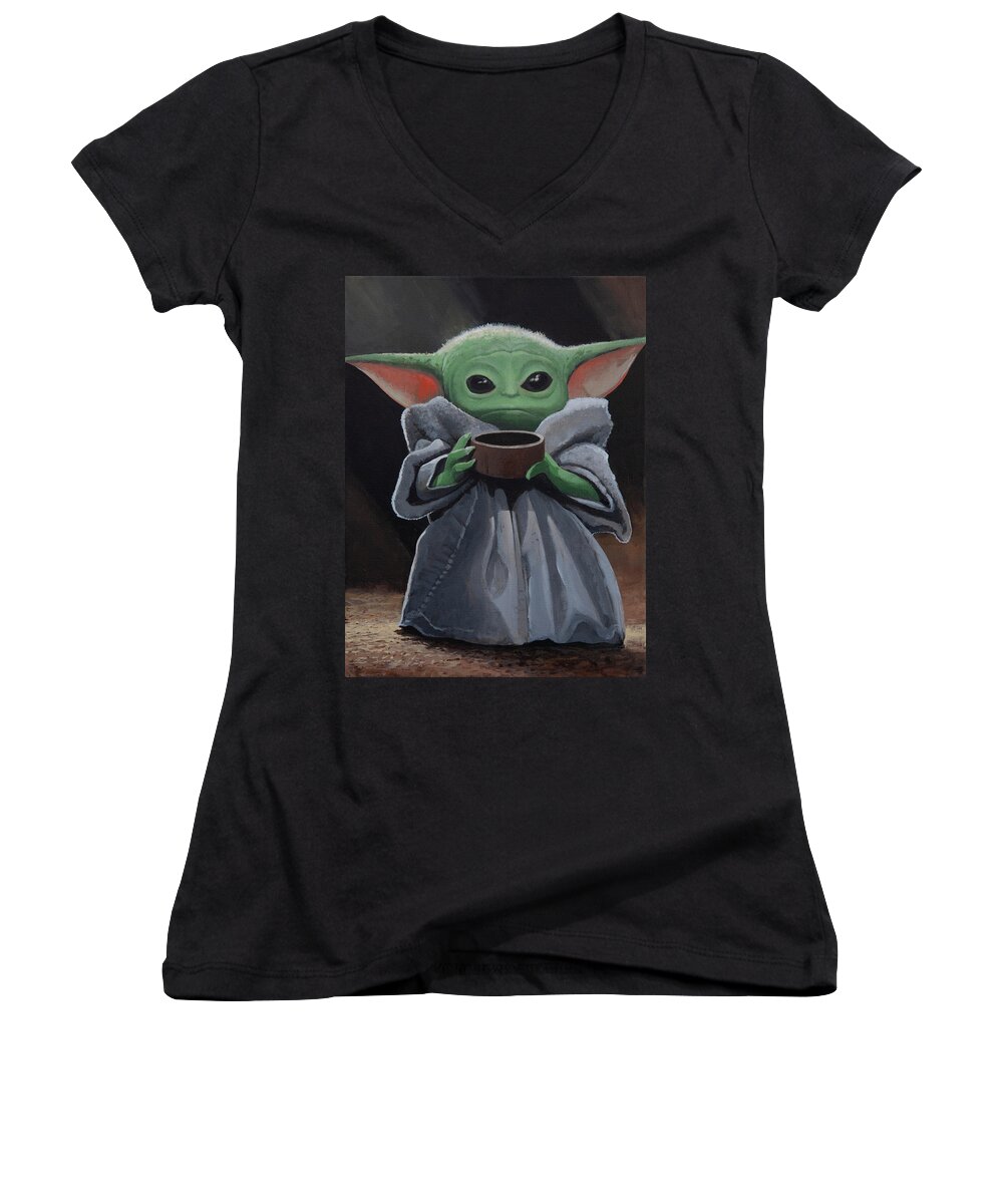 Baby Yoda Women's V-Neck featuring the painting Morning Brew by Cliff Wassmann