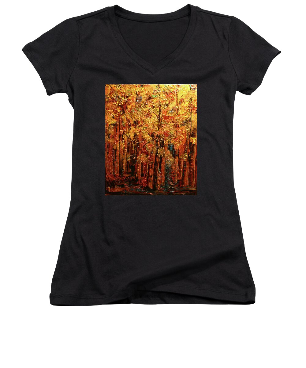 Aspen Women's V-Neck featuring the painting Colorado Gold by Marilyn Quigley