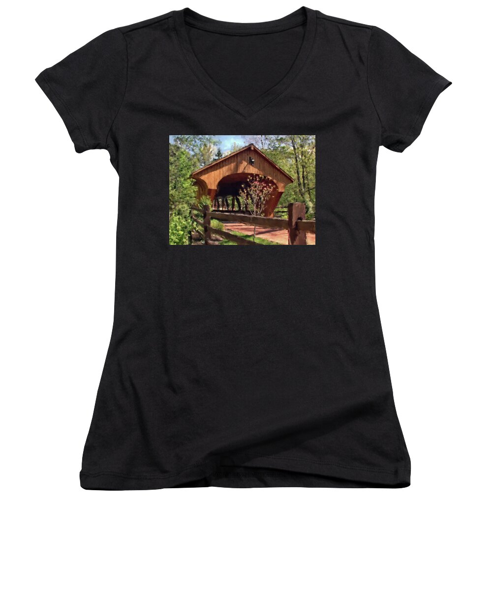 Photographer In North Ridgeville Women's V-Neck featuring the photograph Covered Bridge At Olmsted Falls-Spring by Mark Madere