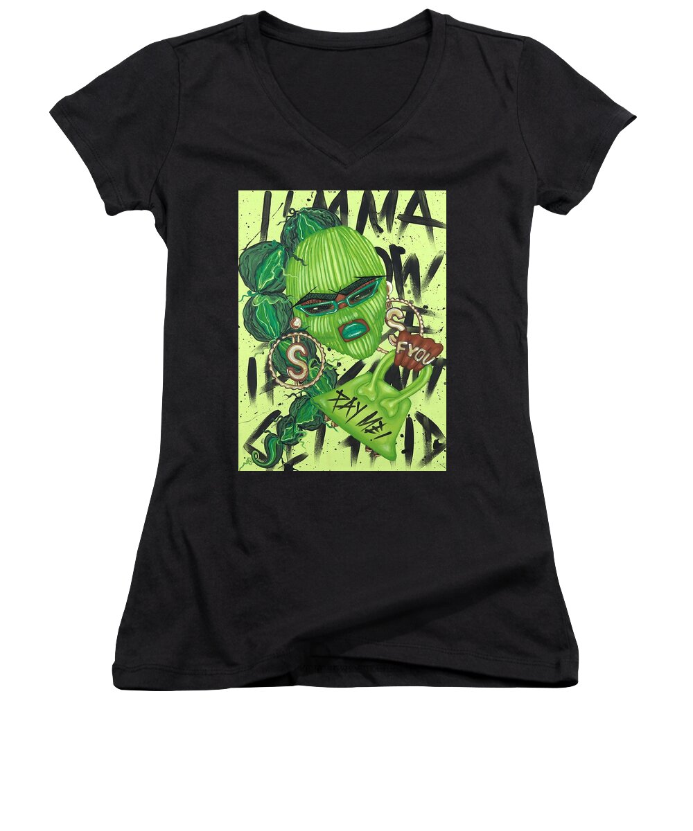 Aliya Michelle Art Women's V-Neck featuring the painting Crush On You 1 Green by Aliya Michelle