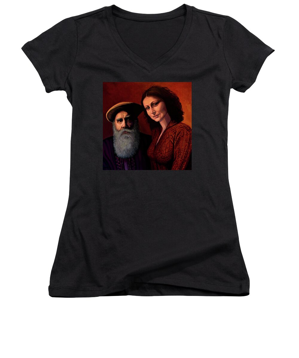 Mona Lisa Women's V-Neck featuring the painting Da Vinci and Mona Lisa Painting by Paul Meijering