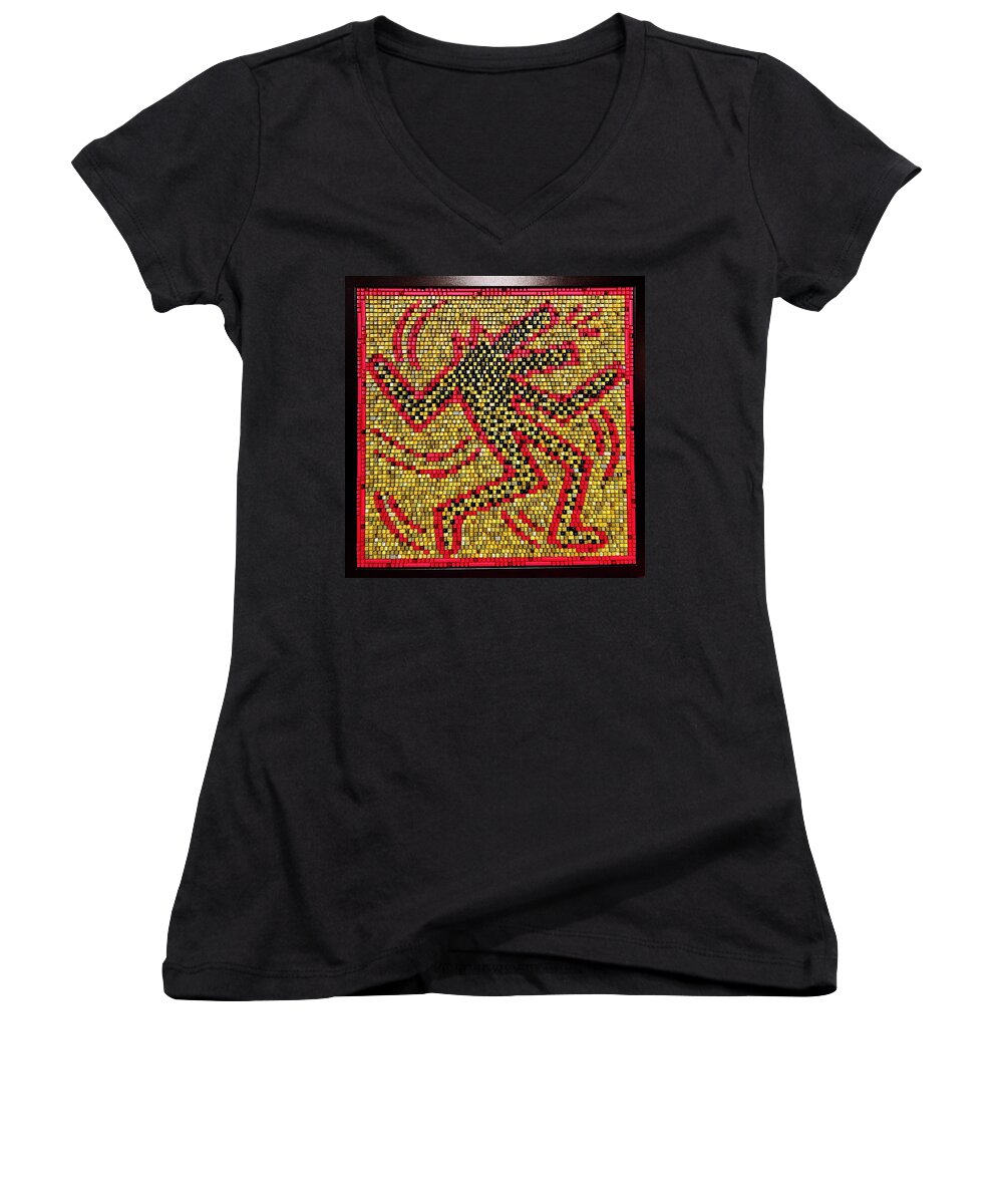 Keith Haring Women's V-Neck featuring the mixed media Dancing Dog SOLD by Doug Powell