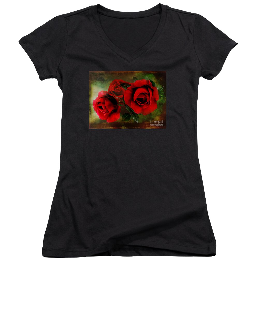 Red Roses Women's V-Neck featuring the digital art Deep Red Rose Trio by Morag Bates