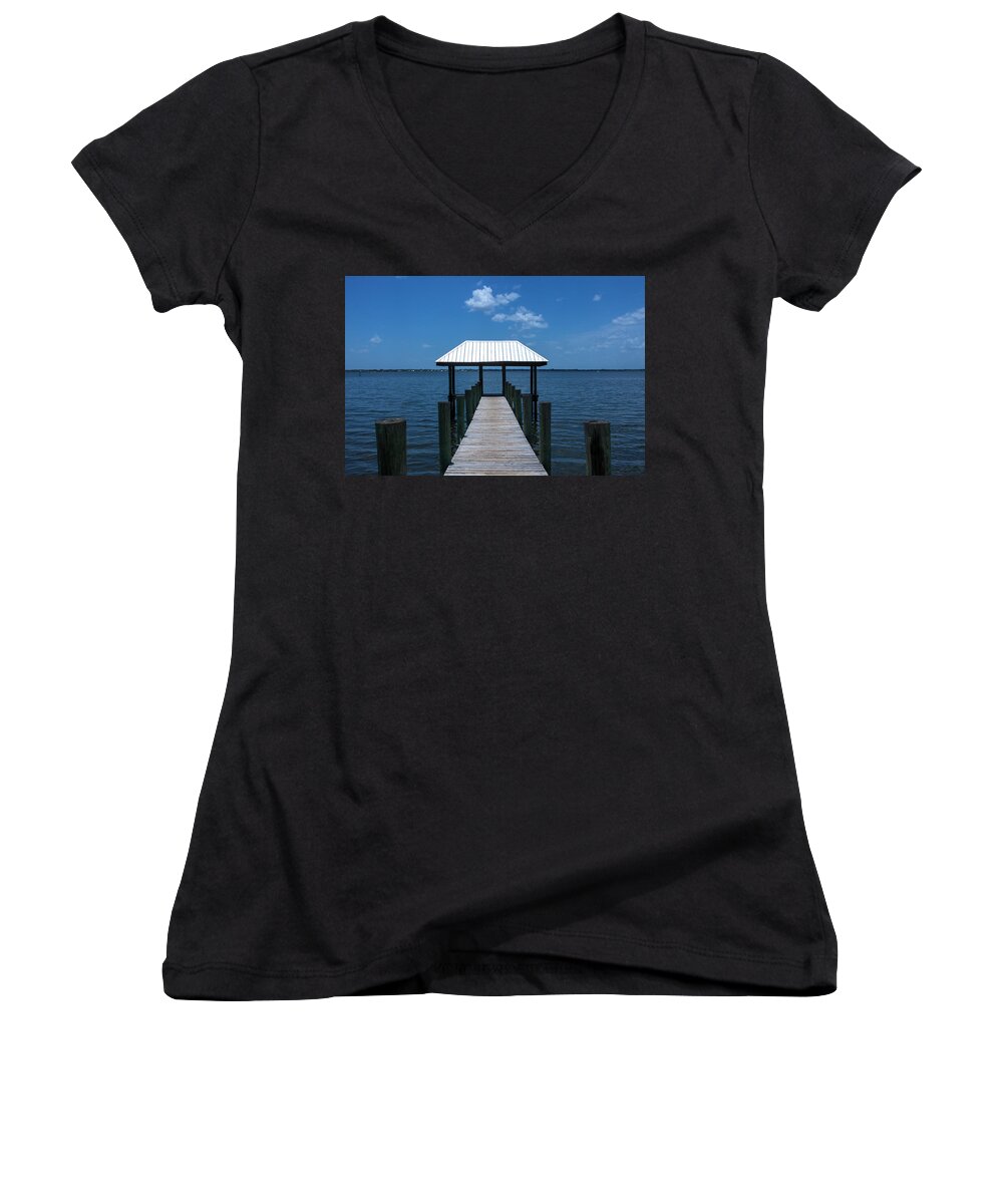 Dock Women's V-Neck featuring the photograph Empty Fishing Dock by Blair Damson
